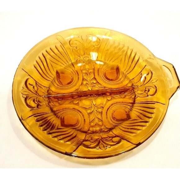 Indiana Glass Killarney Amber Round Divided Relish Candy Dish Decorative Celtic - Picture 4 of 4